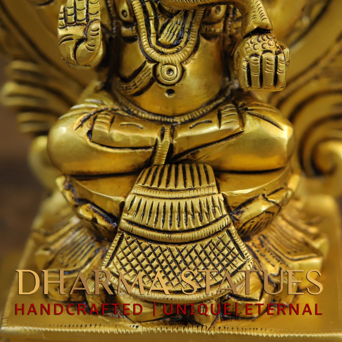 Brass Ganesh Laxmi, Seated on Carved Throne, Gold Finish, 7.5"