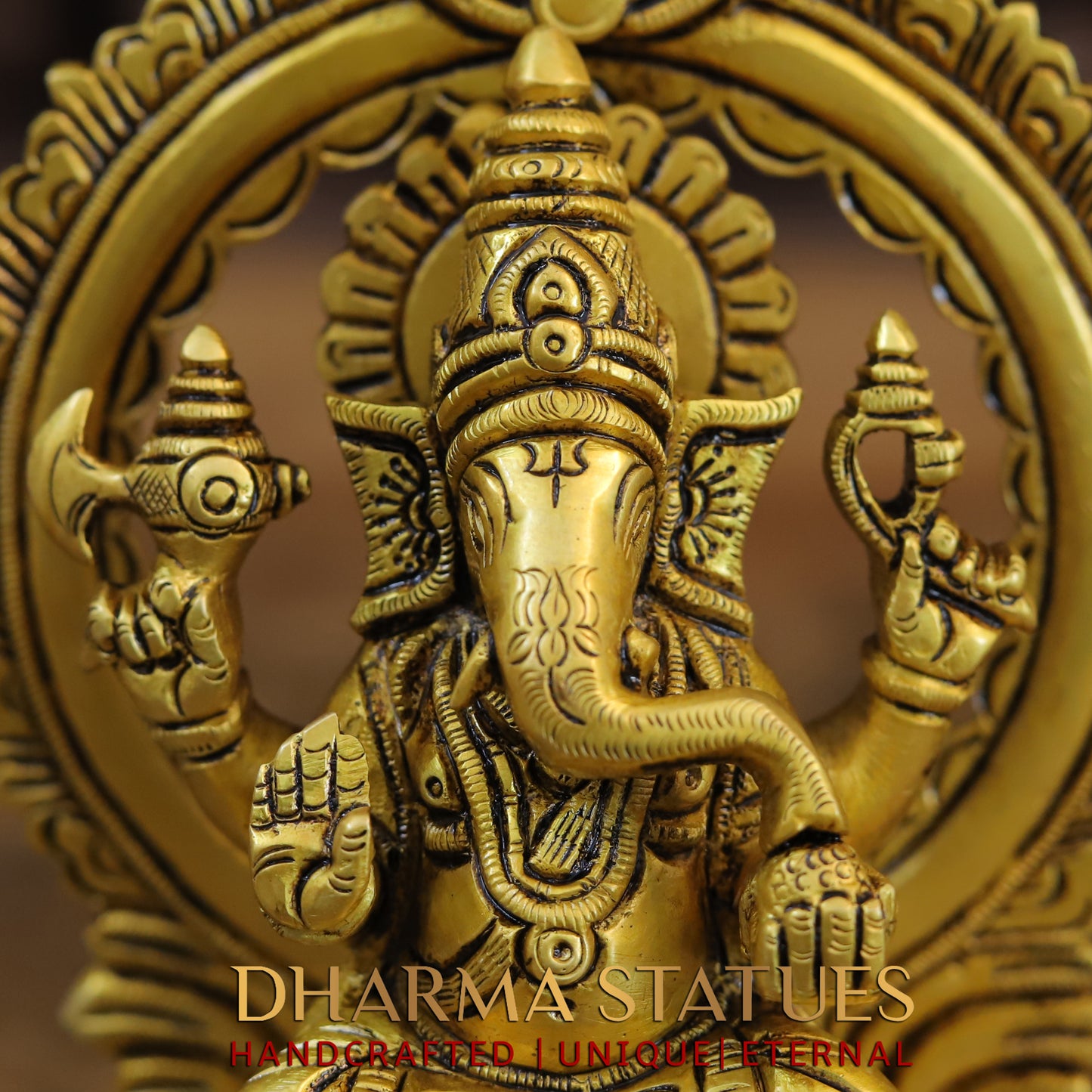 Brass Ganesh Laxmi, Seated on Carved Throne, Gold Finish, 7.5"