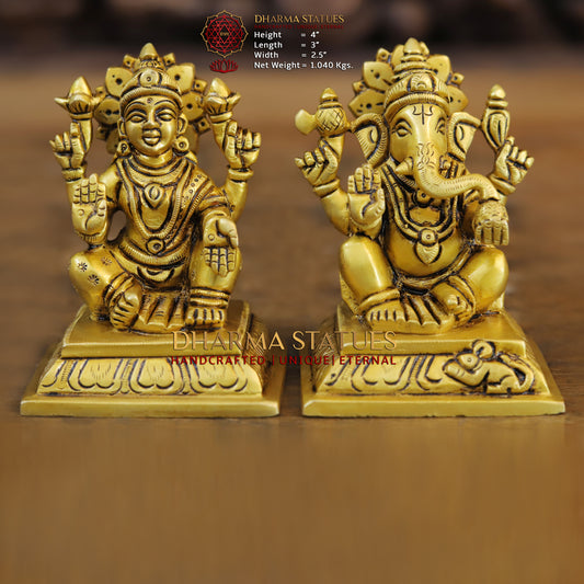Brass Ganesh & Lakshmi seated in Blessing Posture, Golden Finish, 4"
