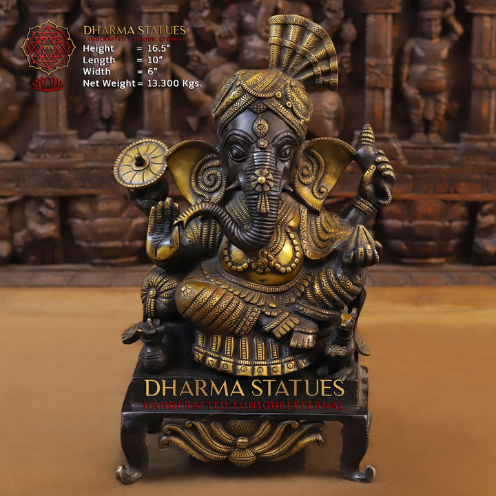 Brass Ganesh Seated With Turban, Black Gold, 16.5" Front View