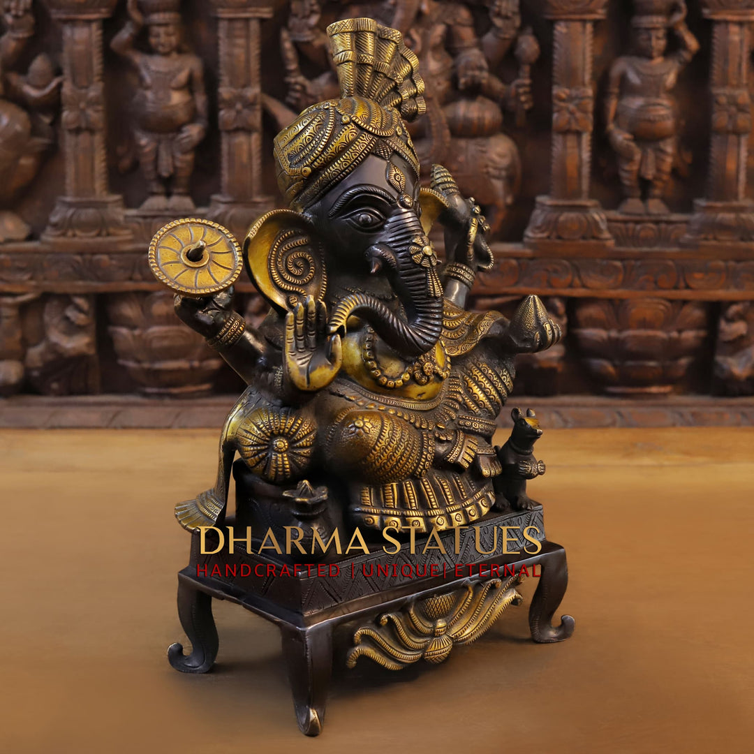 Brass Ganesh Seated With Turban, Black Gold, 16.5"