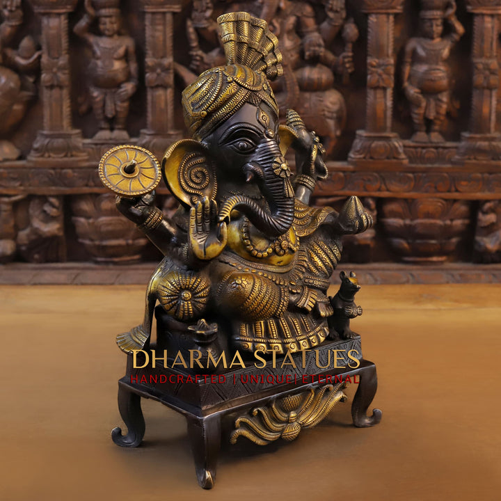 Brass Ganesh Seated With Turban, Black Gold, 16.5"