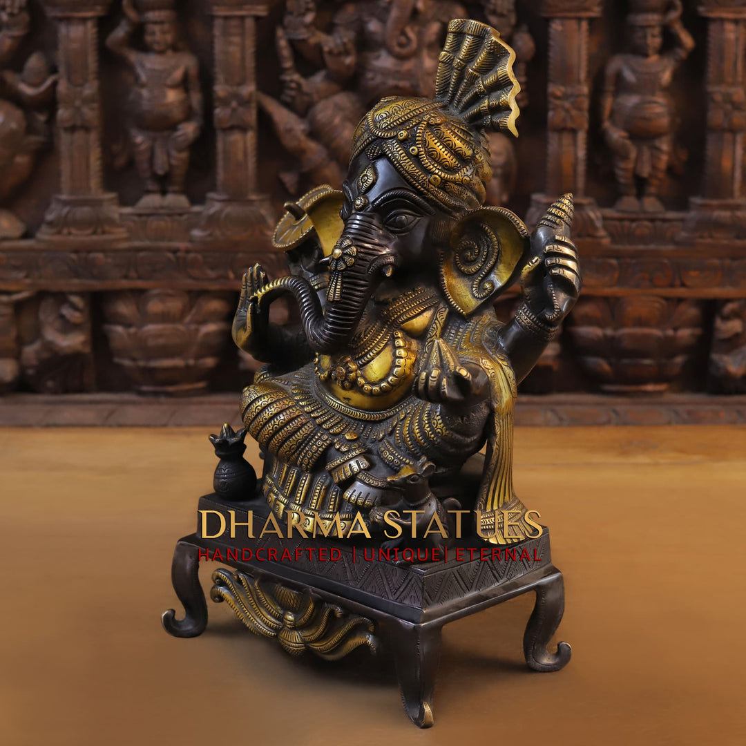 Brass Ganesh Seated With Turban, Black Gold, 16.5"