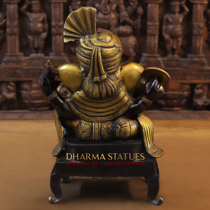 Brass Ganesh Seated With Turban, Black Gold, 16.5"