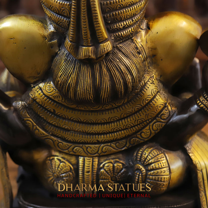 Brass Ganesh Seated With Turban, Black Gold, 16.5"