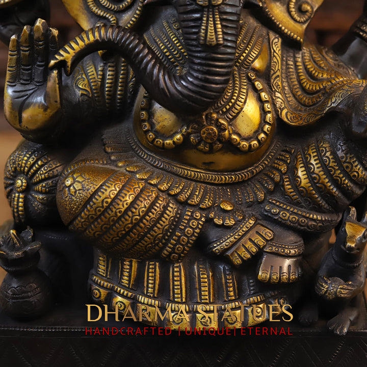 Brass Ganesh Seated With Turban, Black Gold, 16.5"