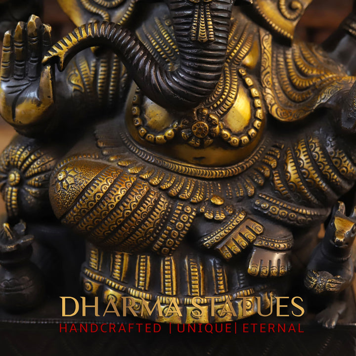 Brass Ganesh Seated With Turban, Black Gold, 16.5"