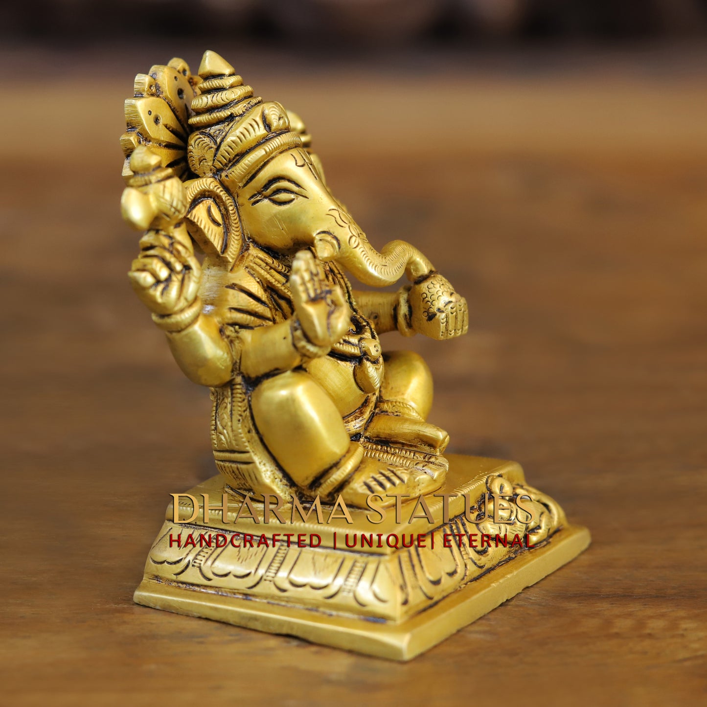 Brass Ganesh seated in Blessing Posture, Fine Golden Finish, 4