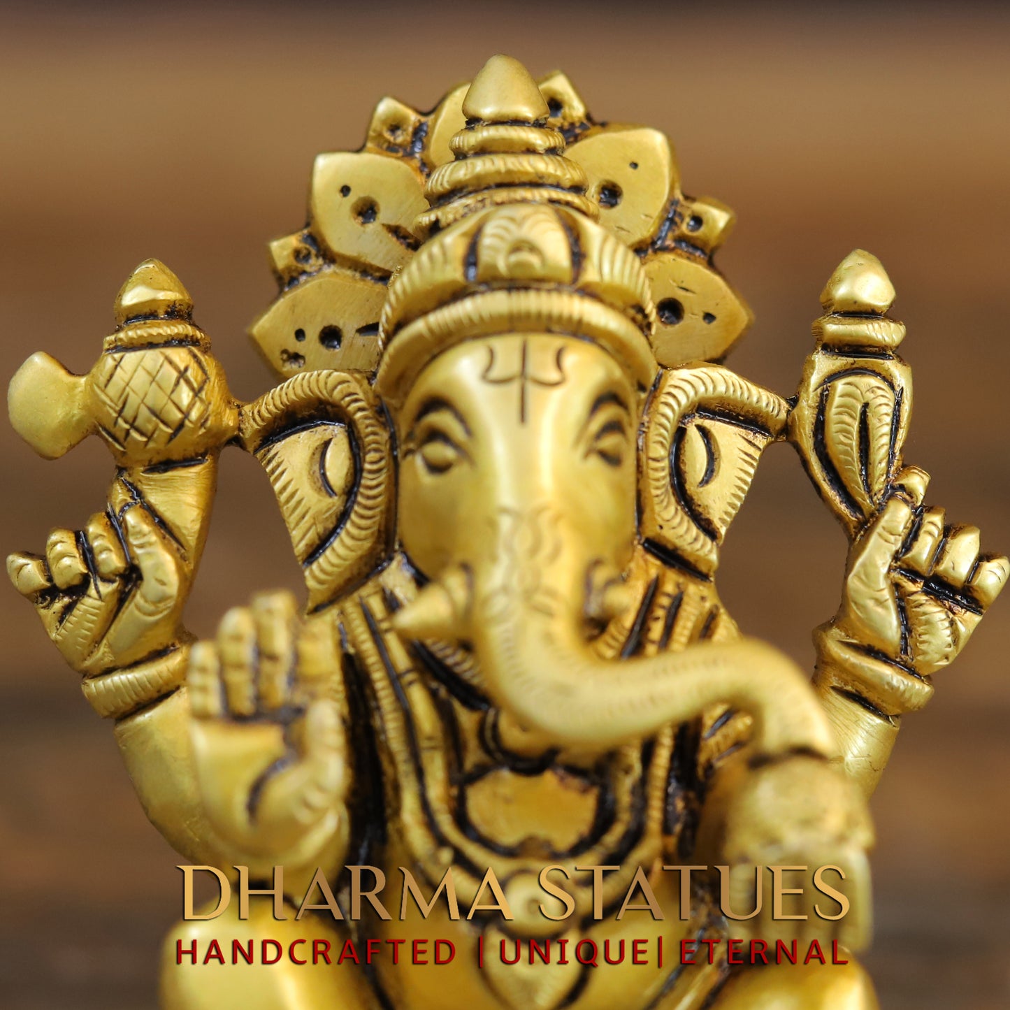 Brass Ganesh seated in Blessing Posture, Fine Golden Finish, 4