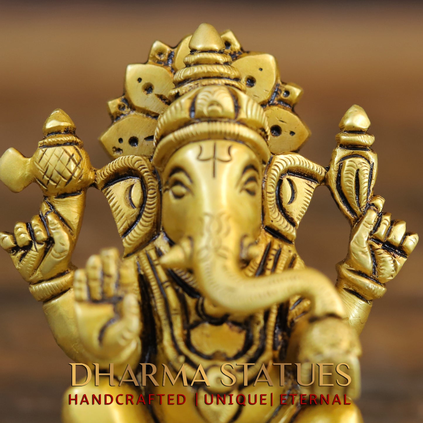 Brass Ganesh & Lakshmi seated in Blessing Posture, Golden Finish, 4"