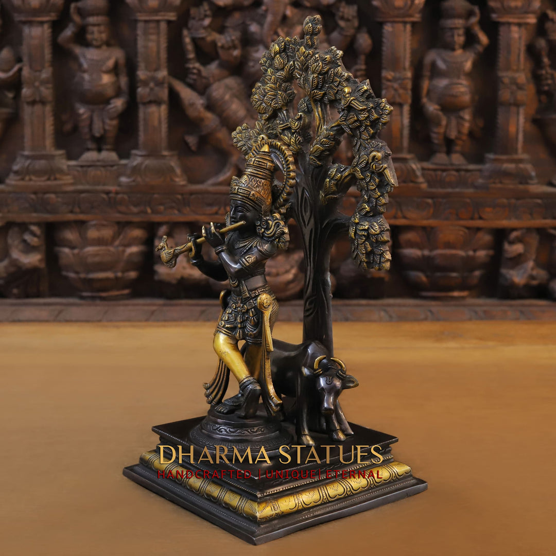 Brass Lord Krishna Statue with Cow, Standing Under Tree, Golden & Black Finish 16"