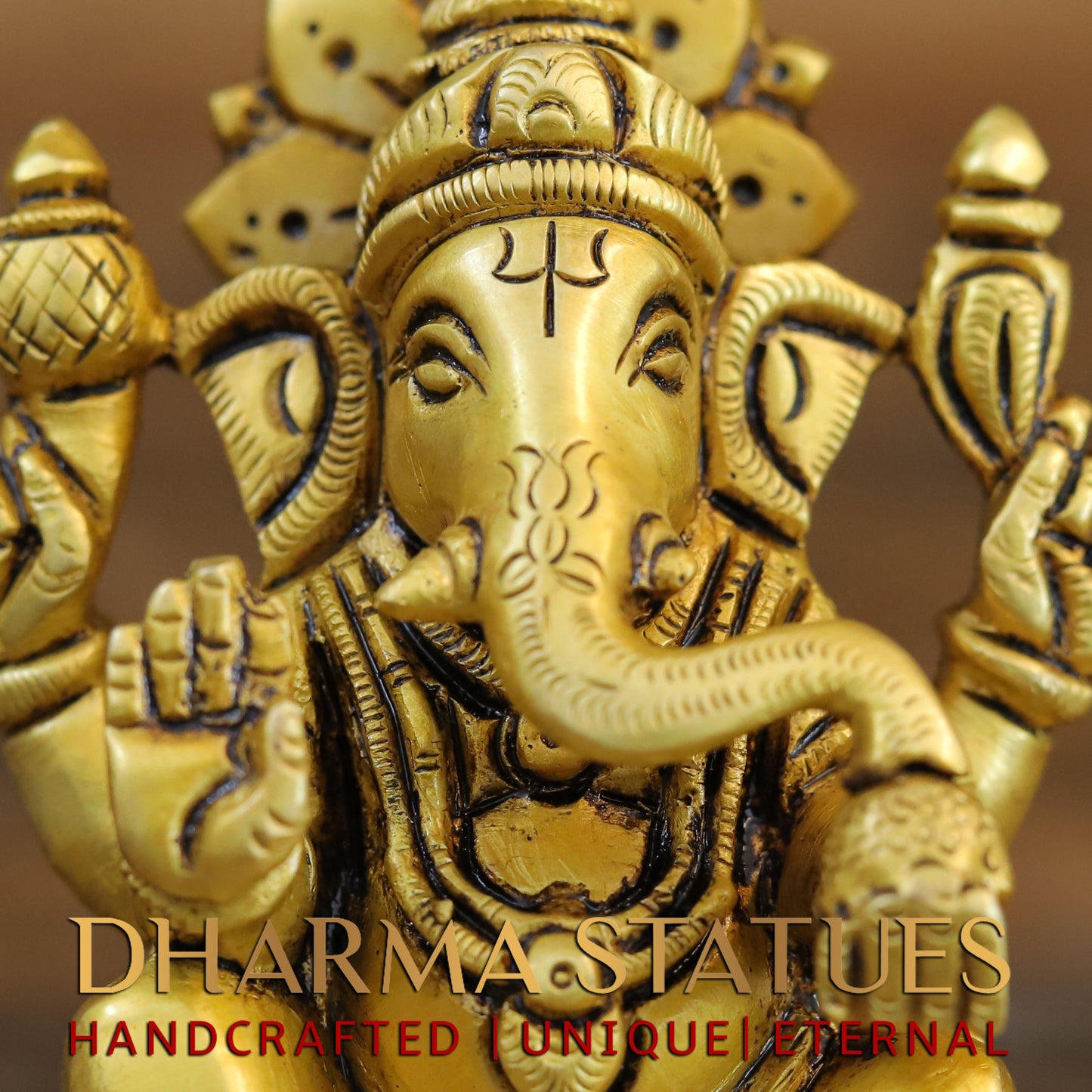 Brass Ganesh seated in Blessing Posture, Fine Golden Finish, 4