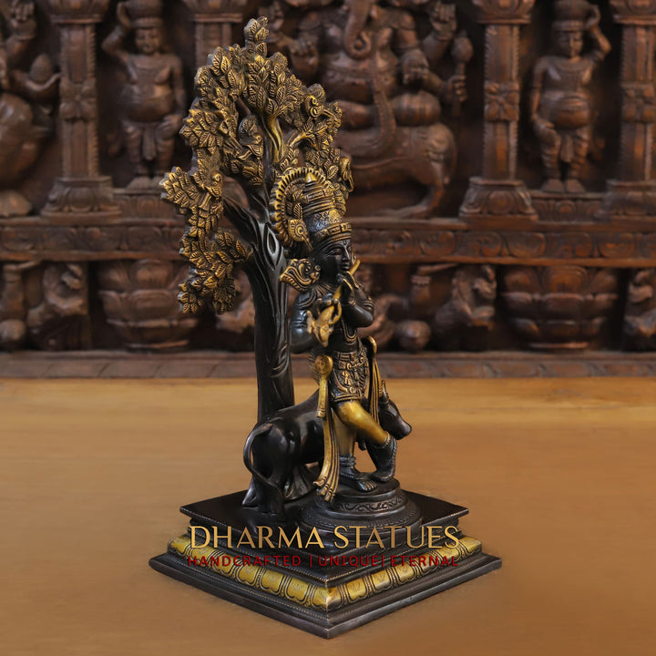 Brass Lord Krishna Statue with Cow, Standing Under Tree, Golden & Black Finish 16"