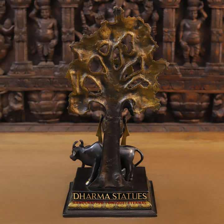 Brass Lord Krishna Statue with Cow, Standing Under Tree, Golden & Black Finish 16"