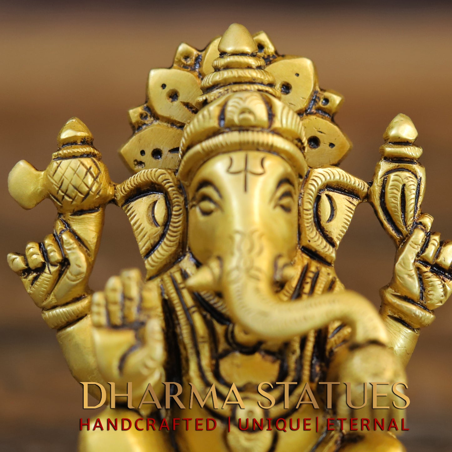 Brass Ganesh & Lakshmi seated in Blessing Posture, Golden Finish, 4"