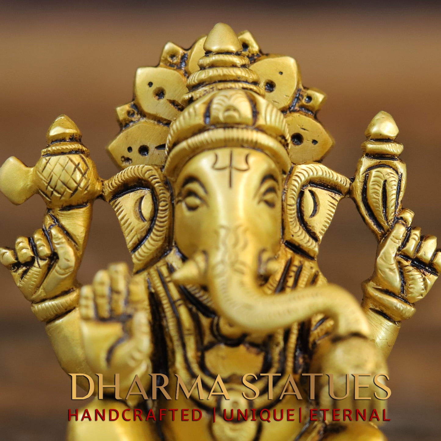Brass Ganesh seated in Blessing Posture, Fine Golden Finish, 4