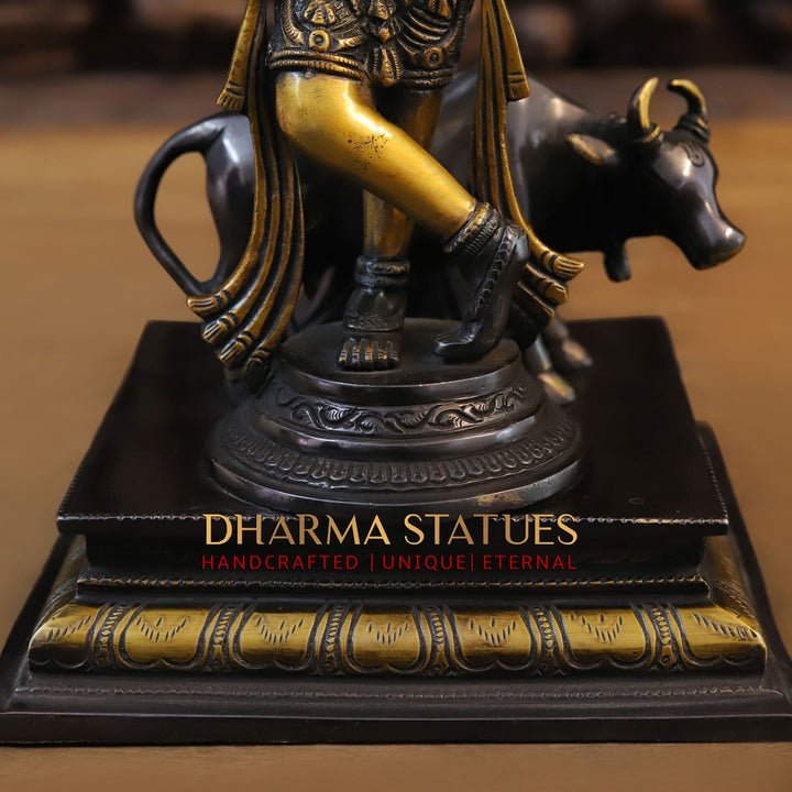 Brass Lord Krishna Statue with Cow, Standing Under Tree, Golden & Black Finish 16"