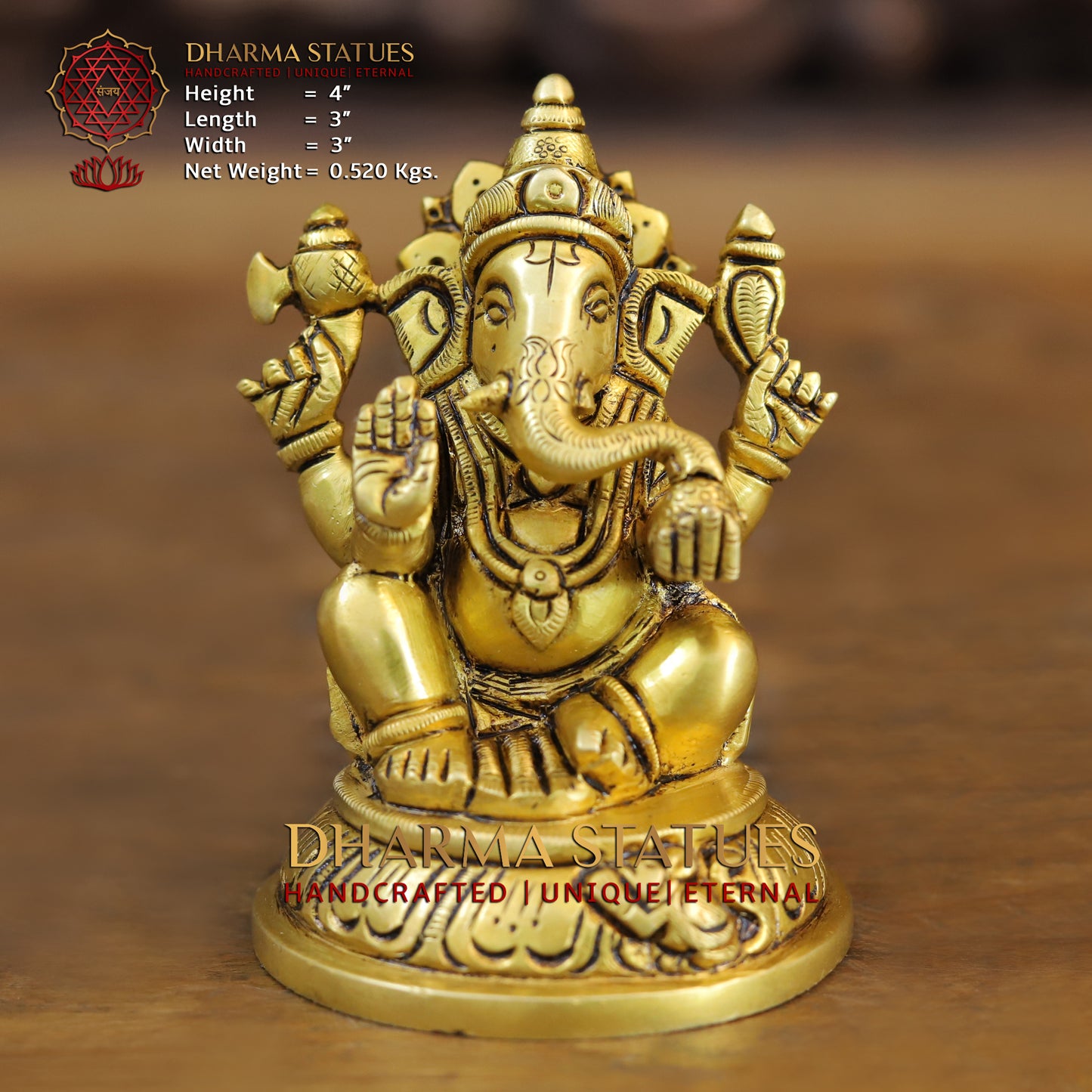 Brass Ganesh & Lakshmi seated in Blessing Posture, Golden Finish, 4"
