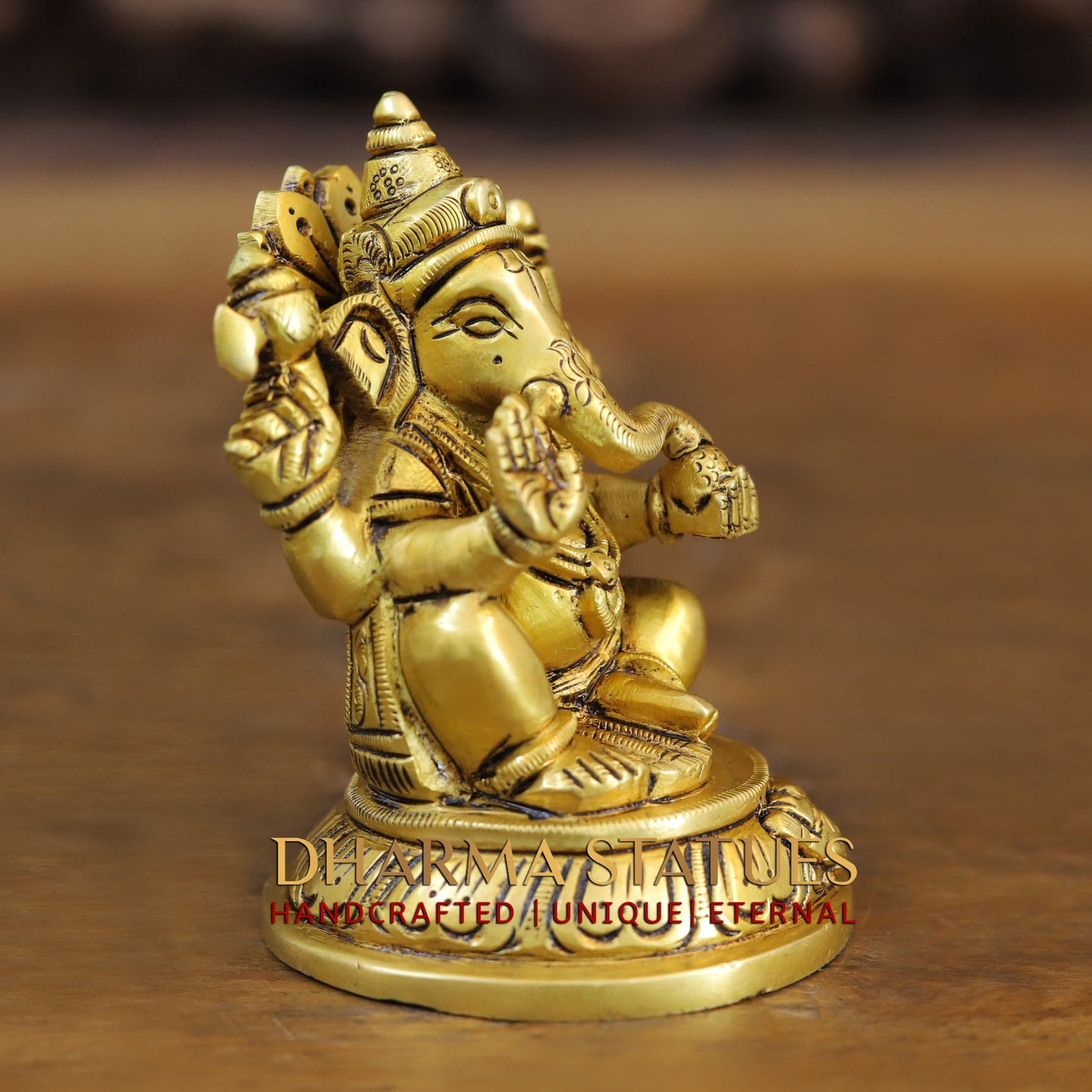 Brass Ganesh seated in Blessing Posture, Golden Finish, 4"