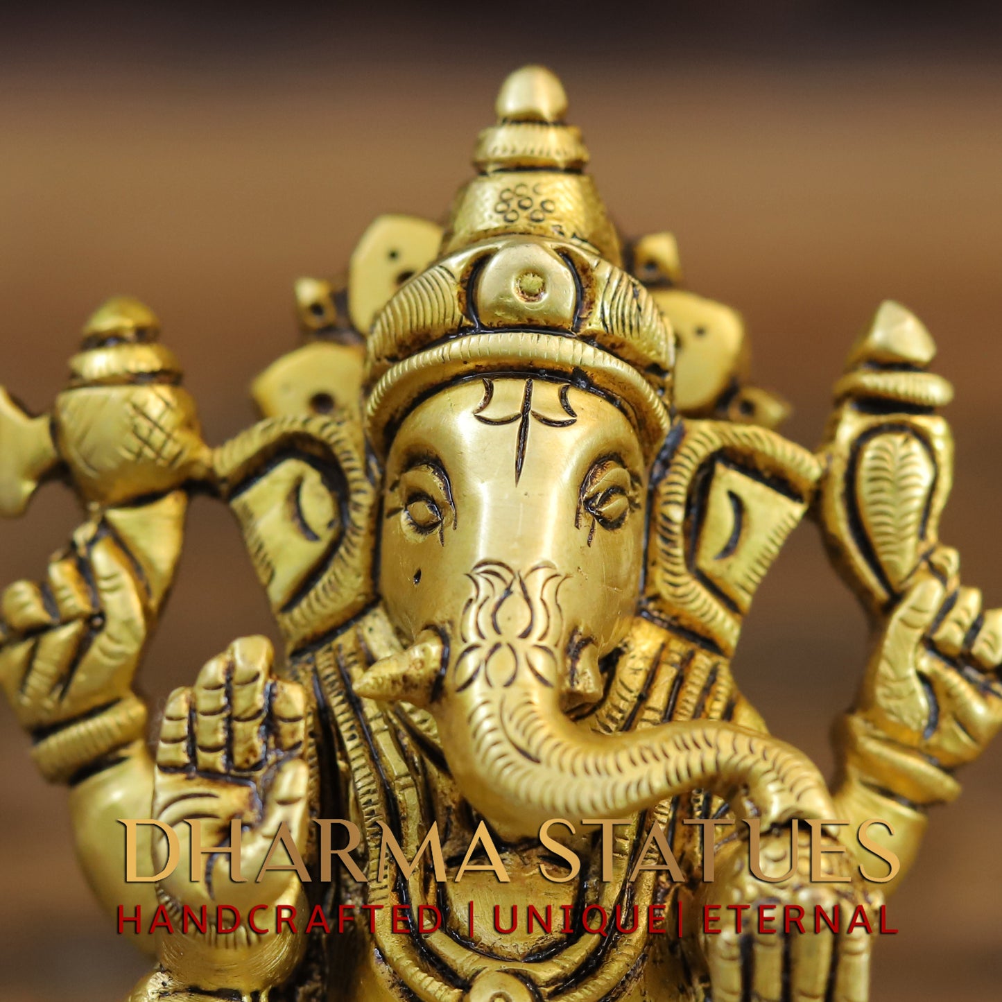 Brass Ganesh seated in Blessing Posture, Golden Finish, 4"