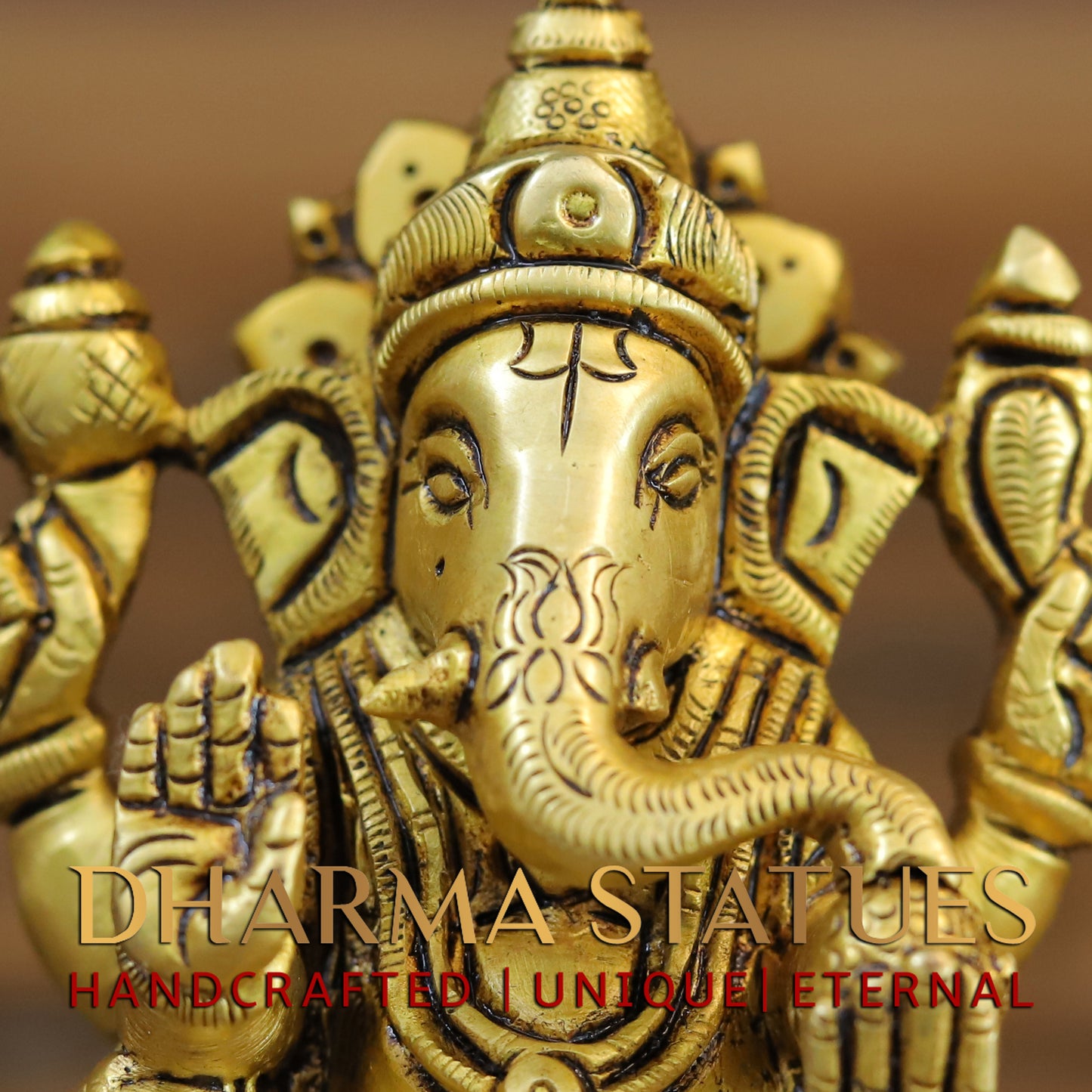 Brass Ganesh & Lakshmi seated in Blessing Posture, Golden Finish, 4"