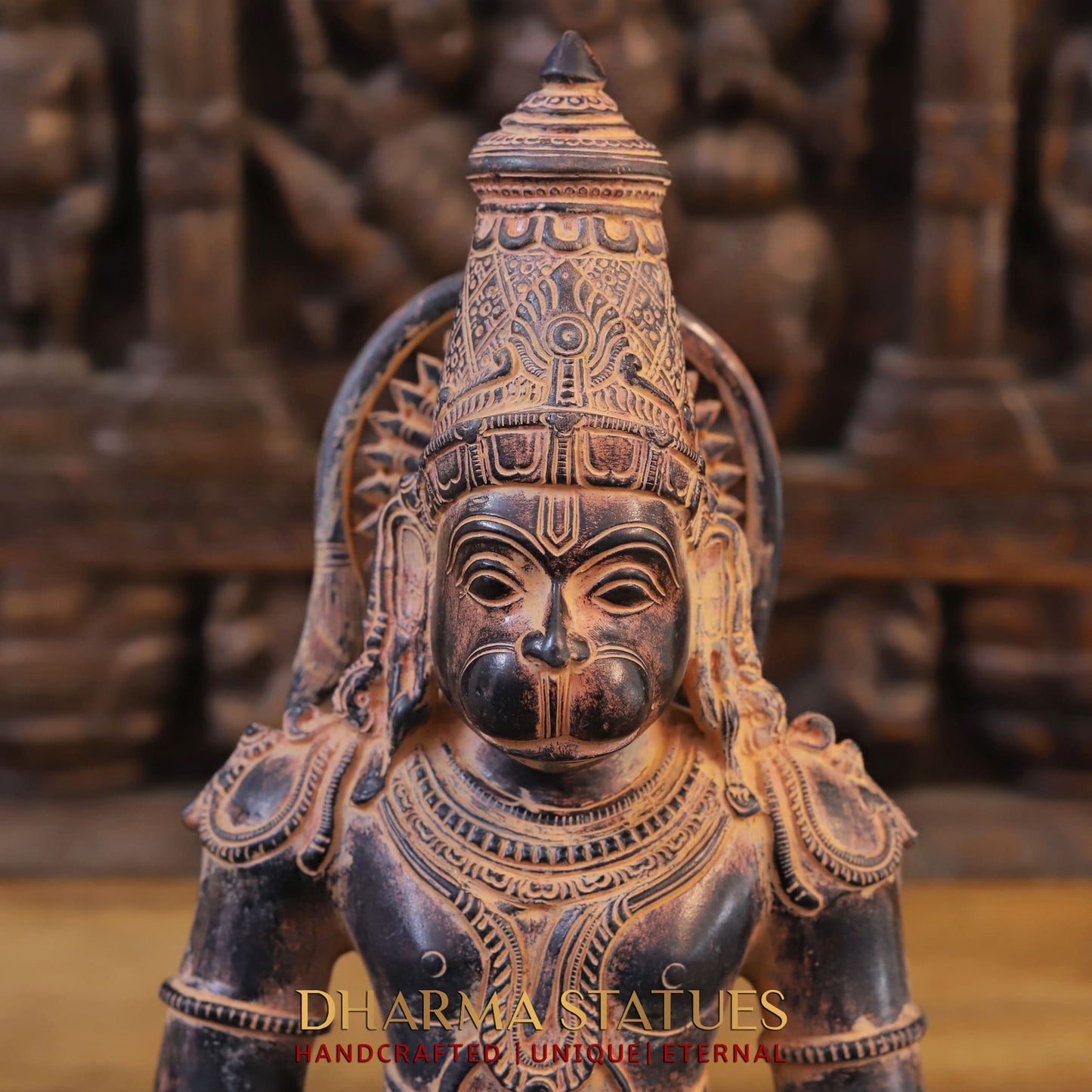 Brass Hanuman Statue in Meditative Pose - Orange Patina Finish, 16"
