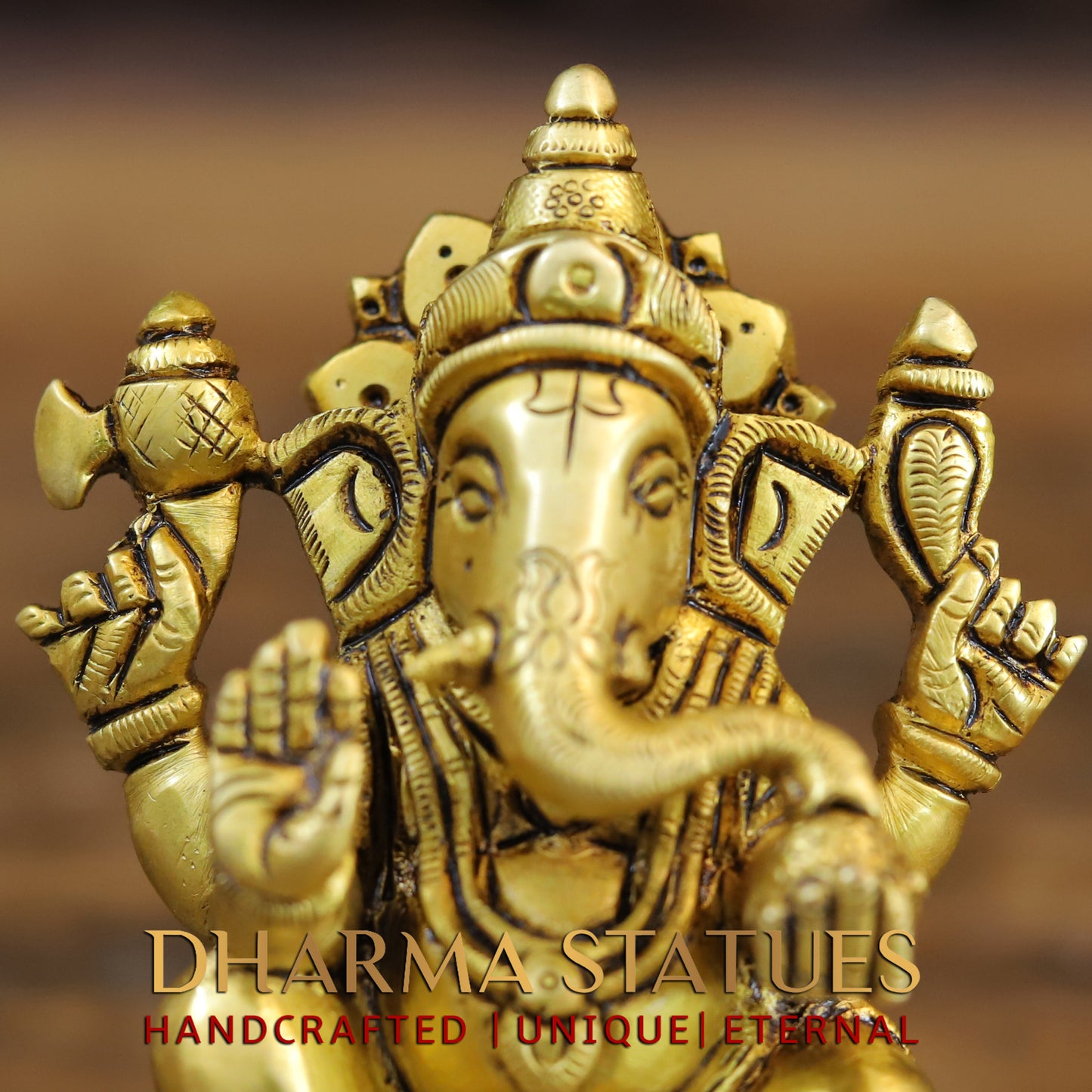 Brass Ganesh seated in Blessing Posture, Golden Finish, 4"