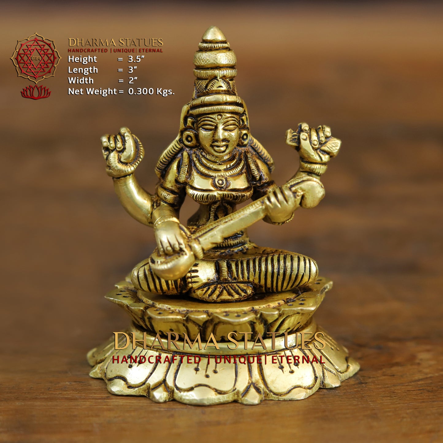 Brass Saraswati seated, Golden Finish, 3.5"