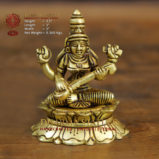 Brass Saraswati seated, Golden Finish, 3.5"
