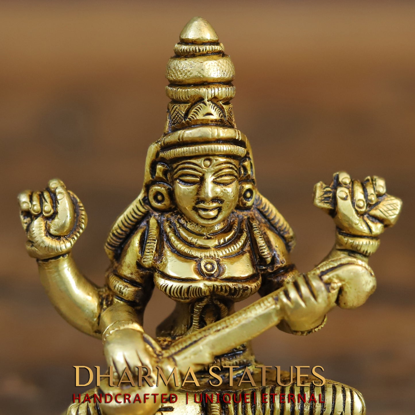 Brass Saraswati seated, Golden Finish, 3.5"