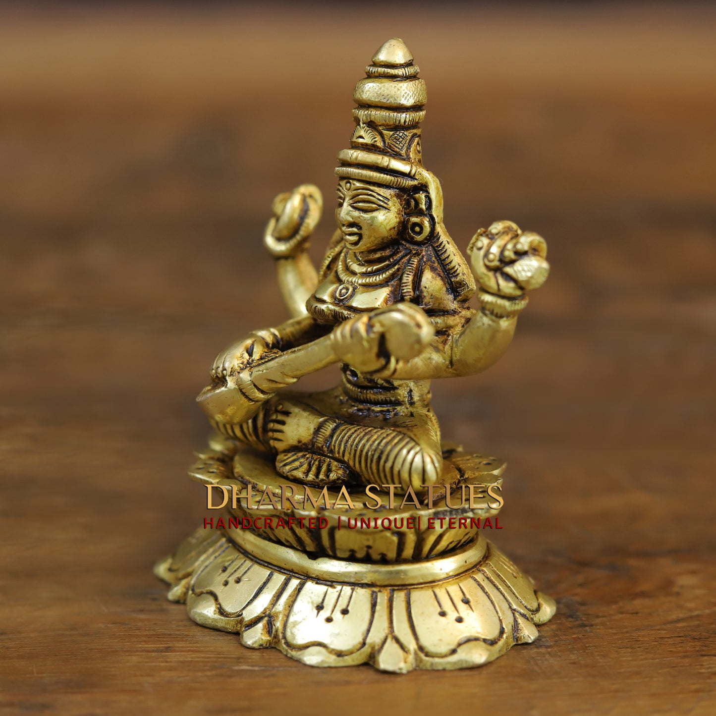 Brass Saraswati seated, Golden Finish, 3.5"