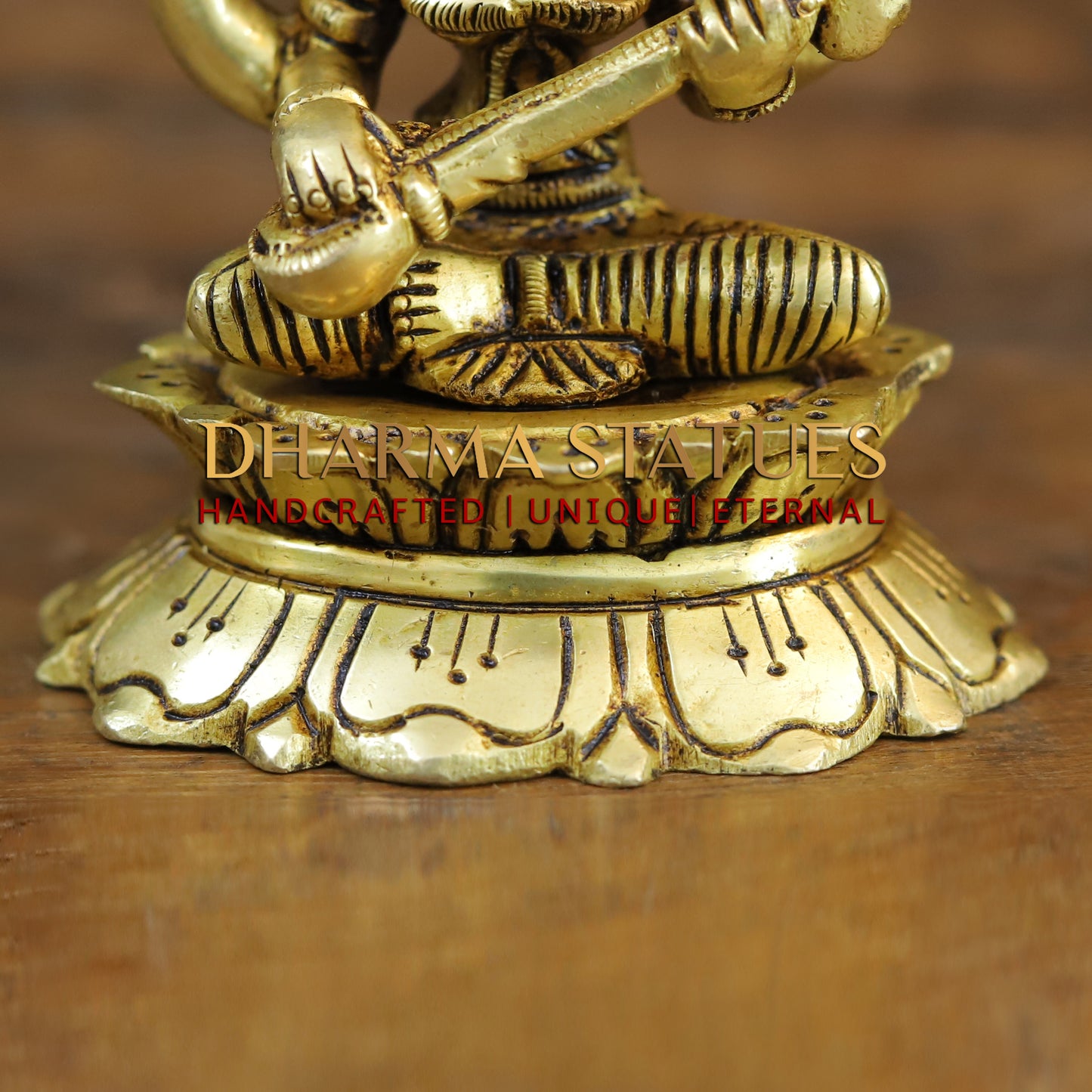 Brass Saraswati, Lakshmi and Ganesh seated on a Lotus, Golden Finish, 3.5"