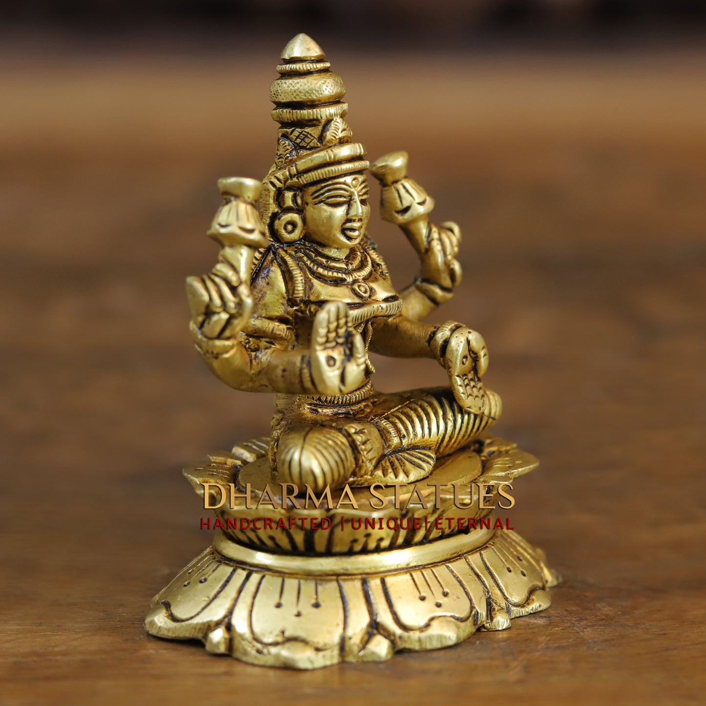 Brass Lakshmi seated in Blessing Posture, Golden Finish, 3.5"