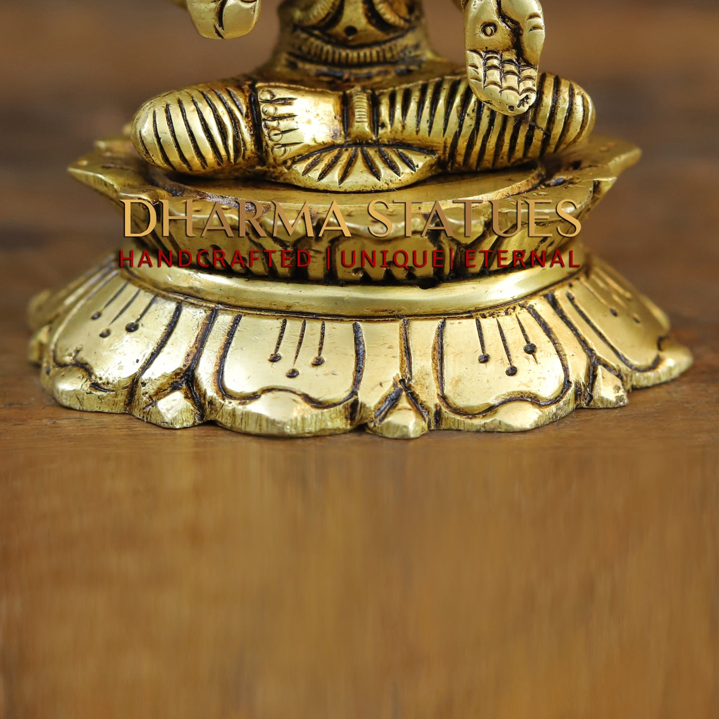 Brass Saraswati, Lakshmi and Ganesh seated on a Lotus, Golden Finish, 3.5"