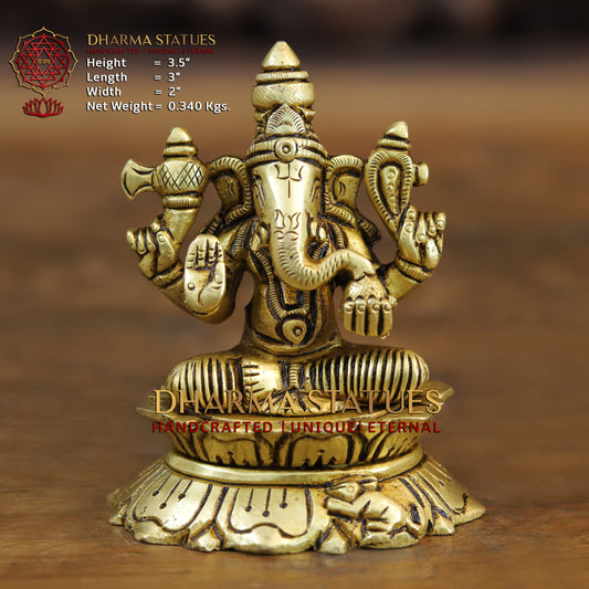 Brass Ganesh seated in Blessing Posture, Golden Finish, 3.5"