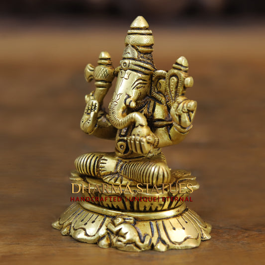 Brass Ganesh seated in Blessing Posture, Golden Finish, 3.5"
