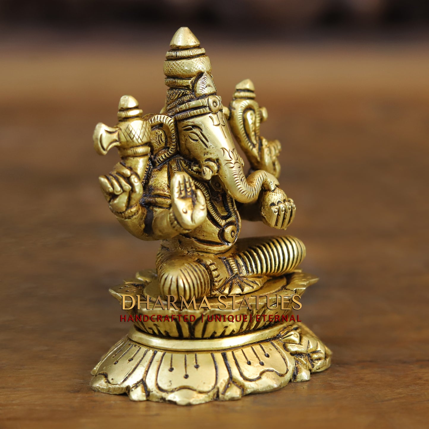 Brass Ganesh seated in Blessing Posture, Golden Finish, 3.5"