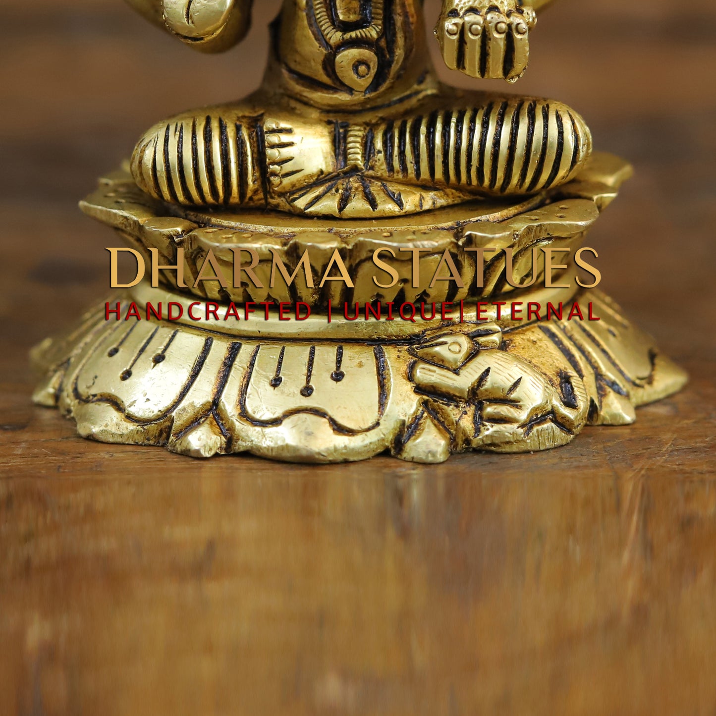 Brass Saraswati, Lakshmi and Ganesh seated on a Lotus, Golden Finish, 3.5"