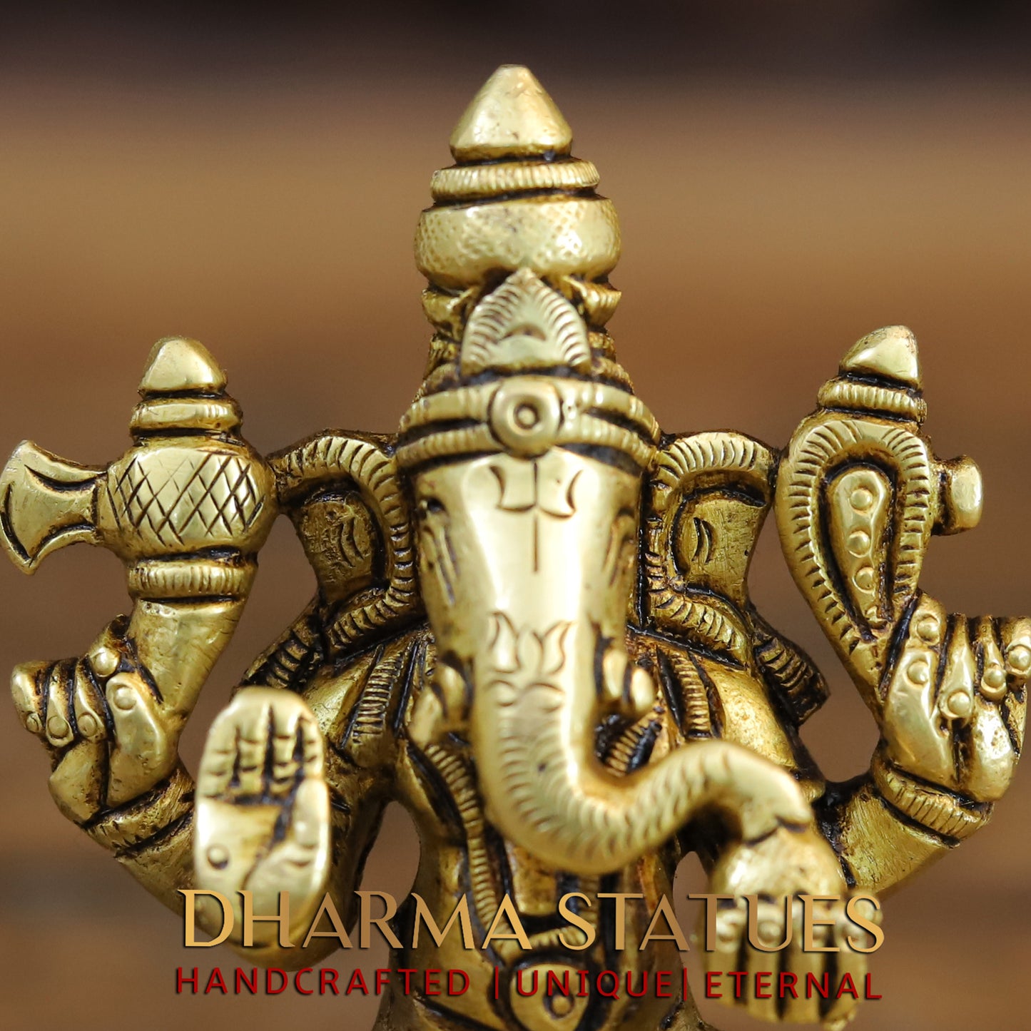 Brass Ganesh seated in Blessing Posture, Golden Finish, 3.5"