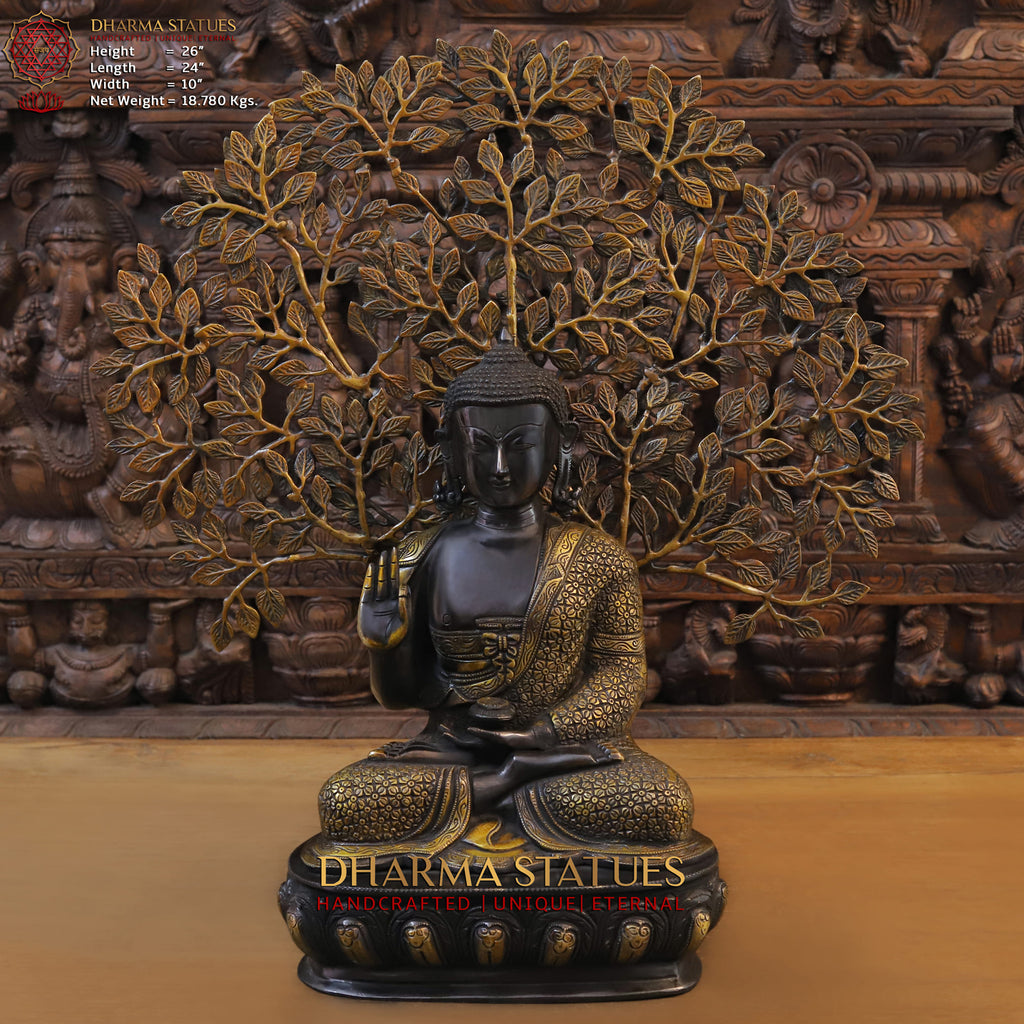 Brass Buddha sitting under tree, Black & Gold, 26" Front View