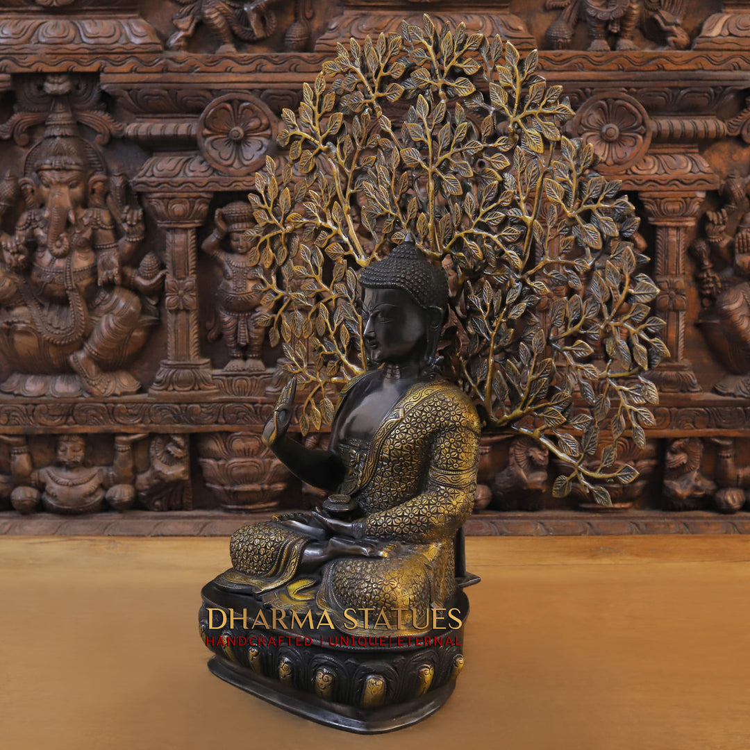 Brass Buddha Statue, Sitting under tree, Black Patina & Gold Finish 26"