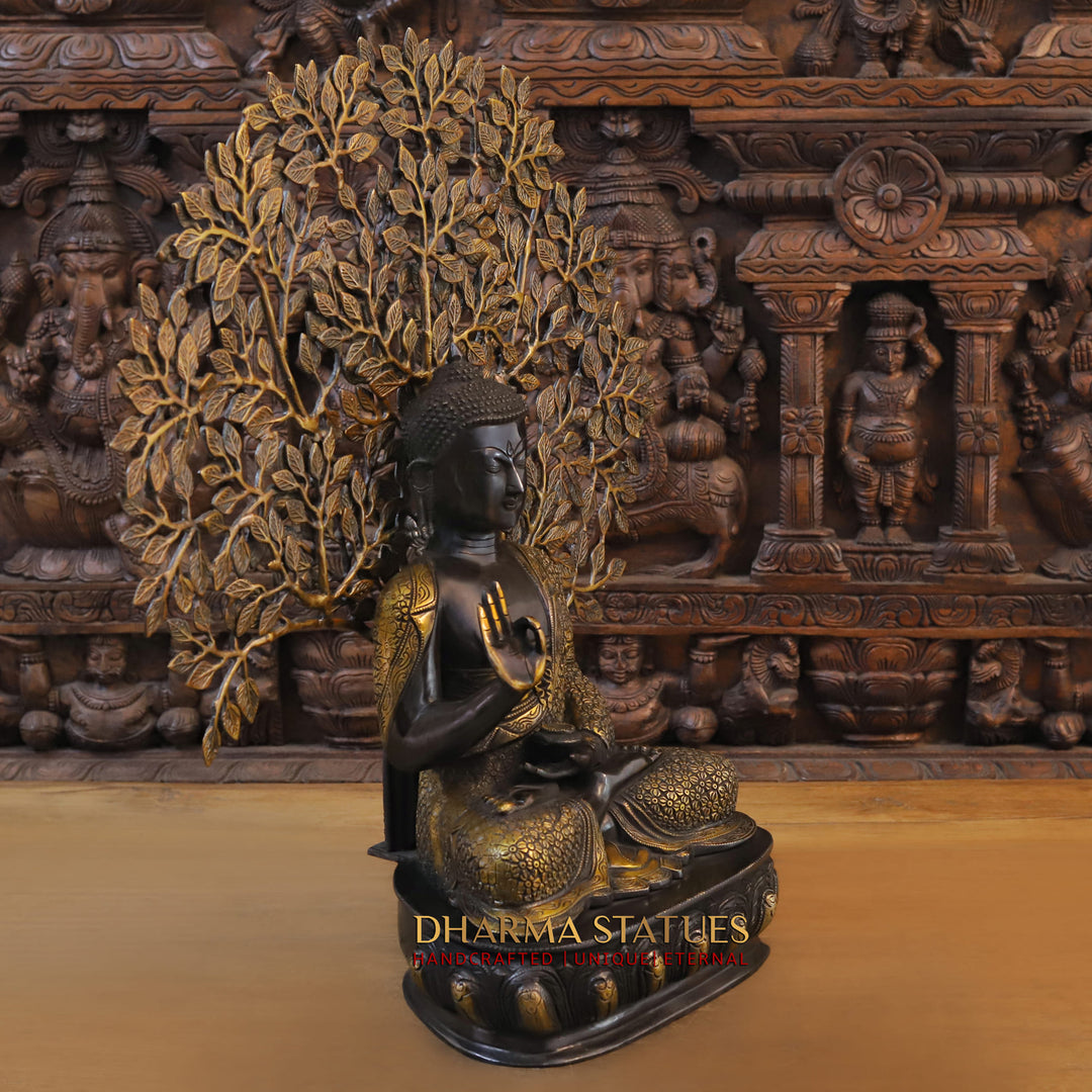 Brass Buddha Statue, Sitting under tree, Black Patina & Gold Finish 26"