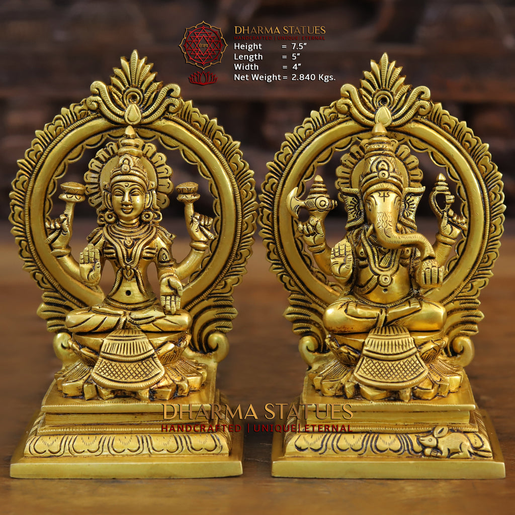 Brass Ganesh Laxmi Pair with Frame Beautifully, Carved Gold Finish, 7.5" Front View