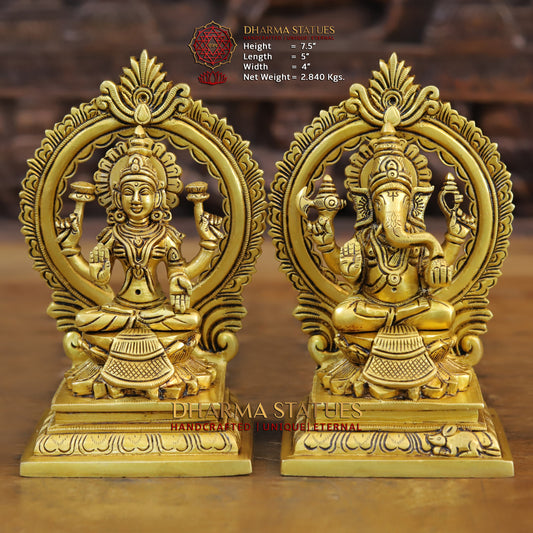 Brass Ganesh & Lakshmi seated on Throne, Golden Finish, 7.5"