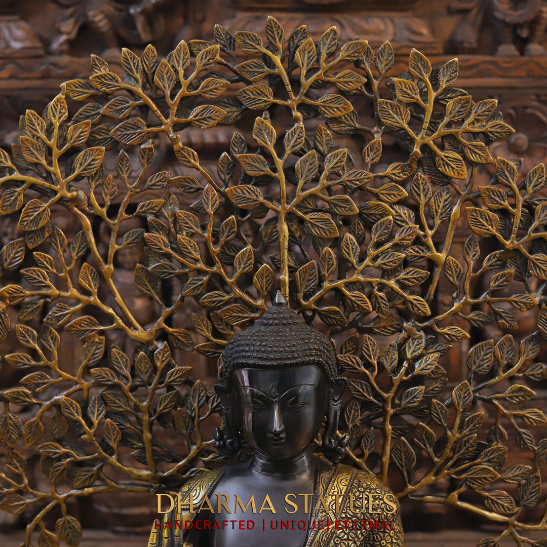 Brass Buddha Statue, Sitting under tree, Black Patina & Gold Finish 26"