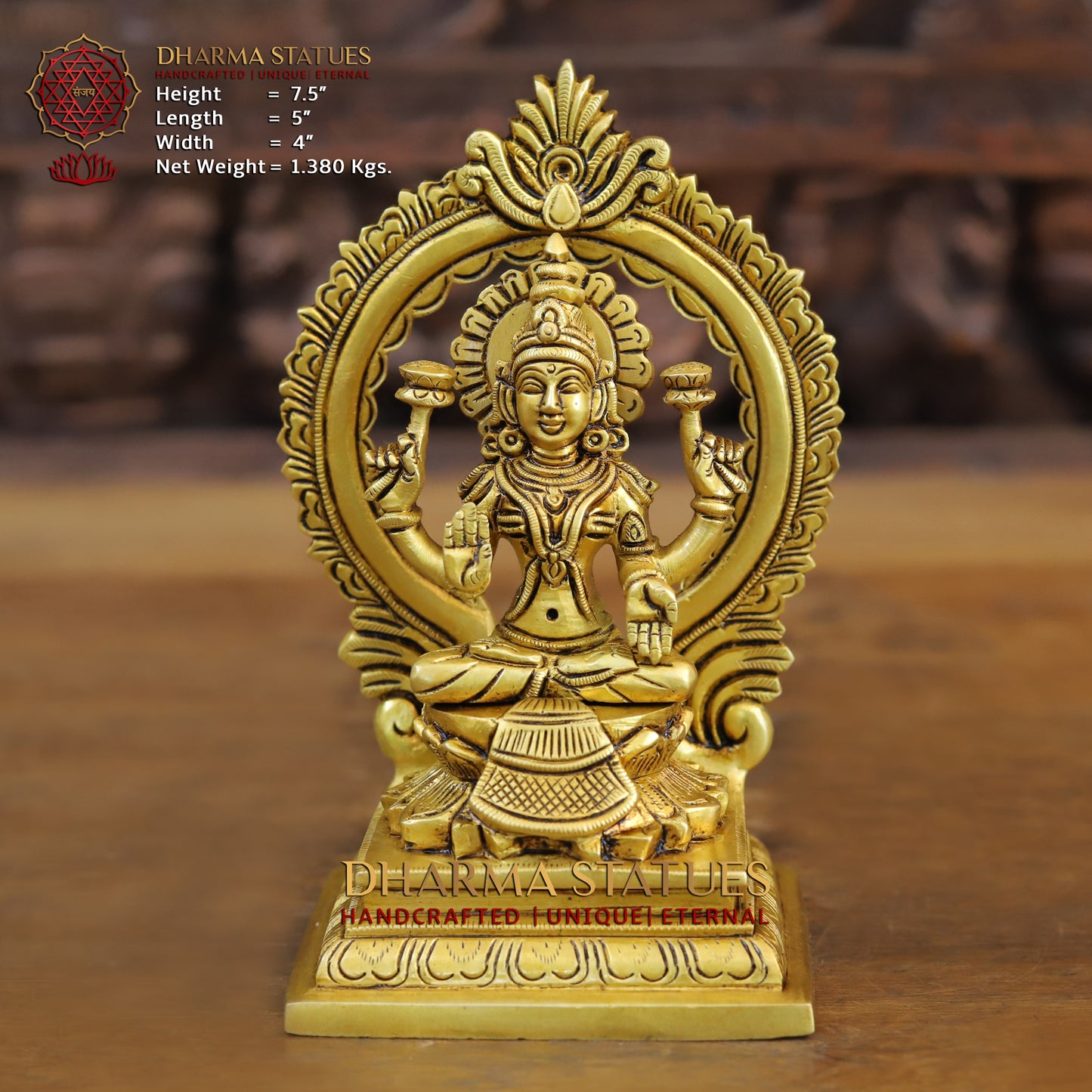 Brass Lakshmi seated with Frame, Golden Finish, 7.5"