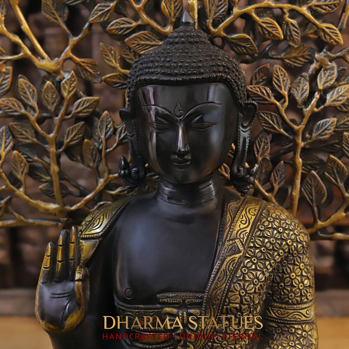 Brass Buddha Statue, Sitting under tree, Black Patina & Gold Finish 26"