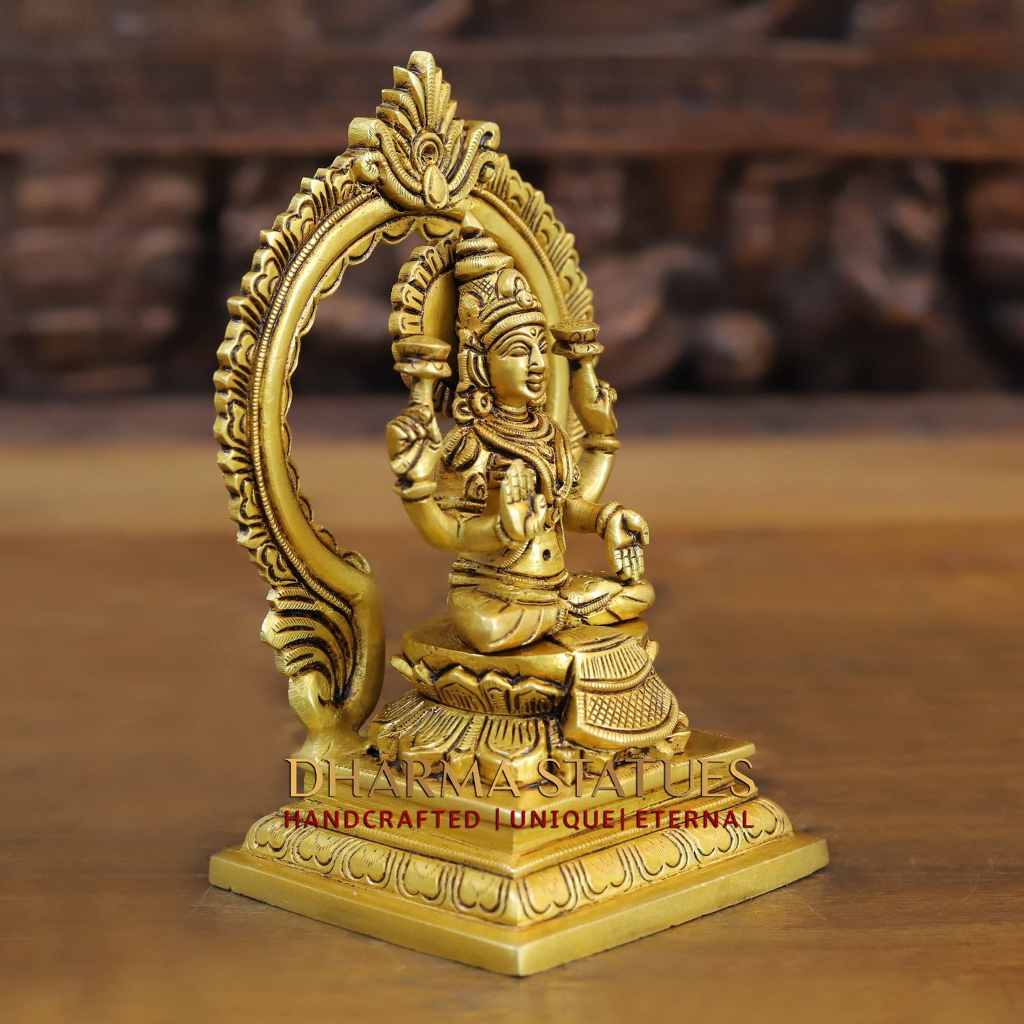 Brass Lakshmi seated with Frame, Golden Finish, 7.5"