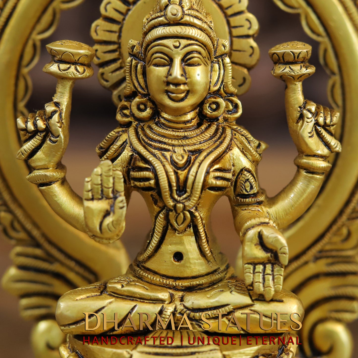 Brass Lakshmi seated with Frame, Golden Finish, 7.5"