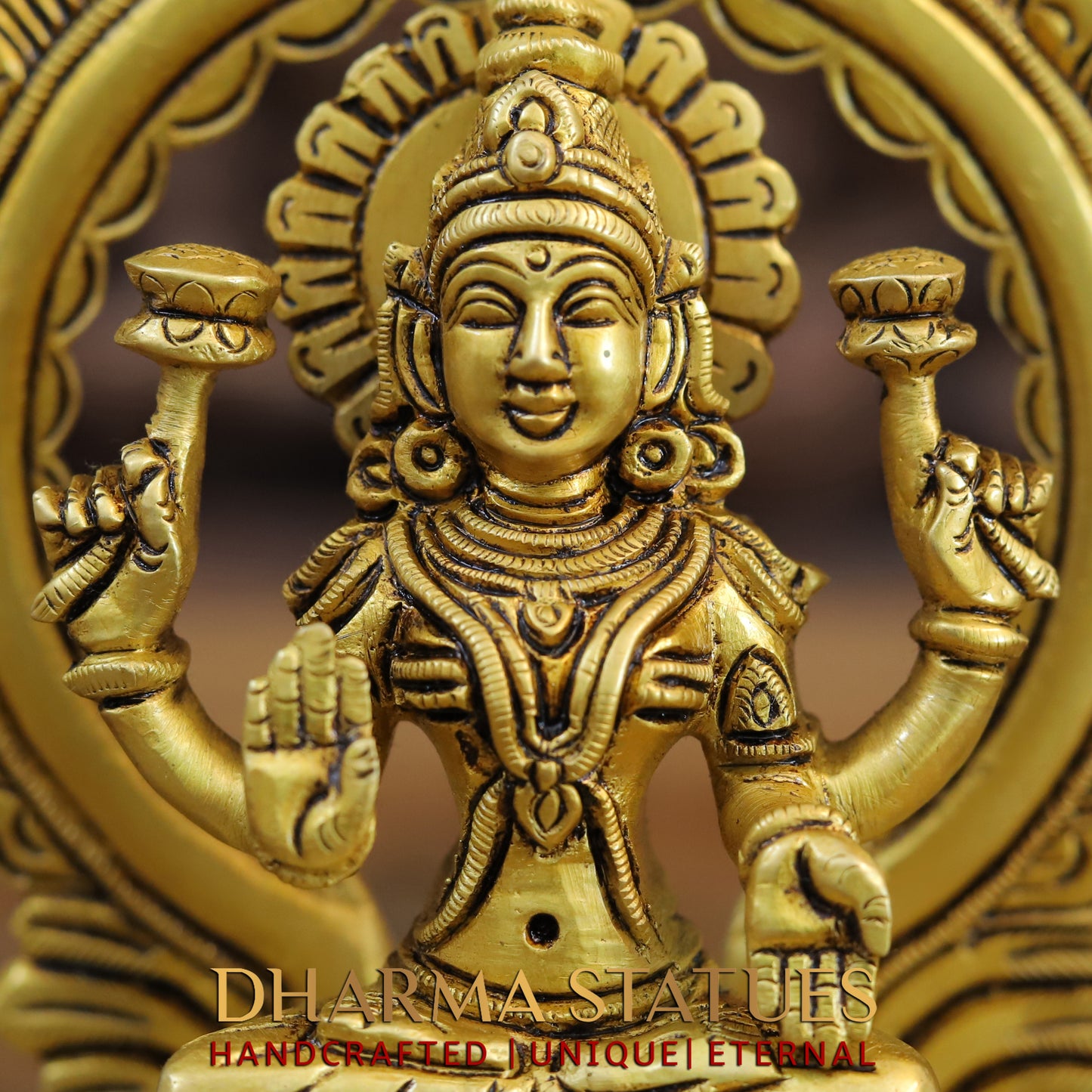 Brass Ganesh & Lakshmi seated on Throne, Golden Finish, 7.5"
